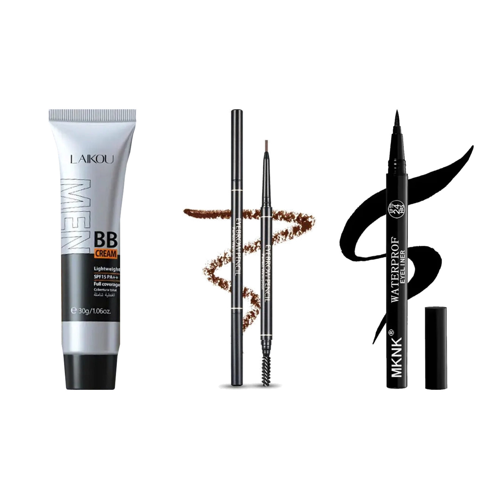 The krux Kit: Men's BB Cream, Brow Pencil and Waterproof Eyeliner side by side