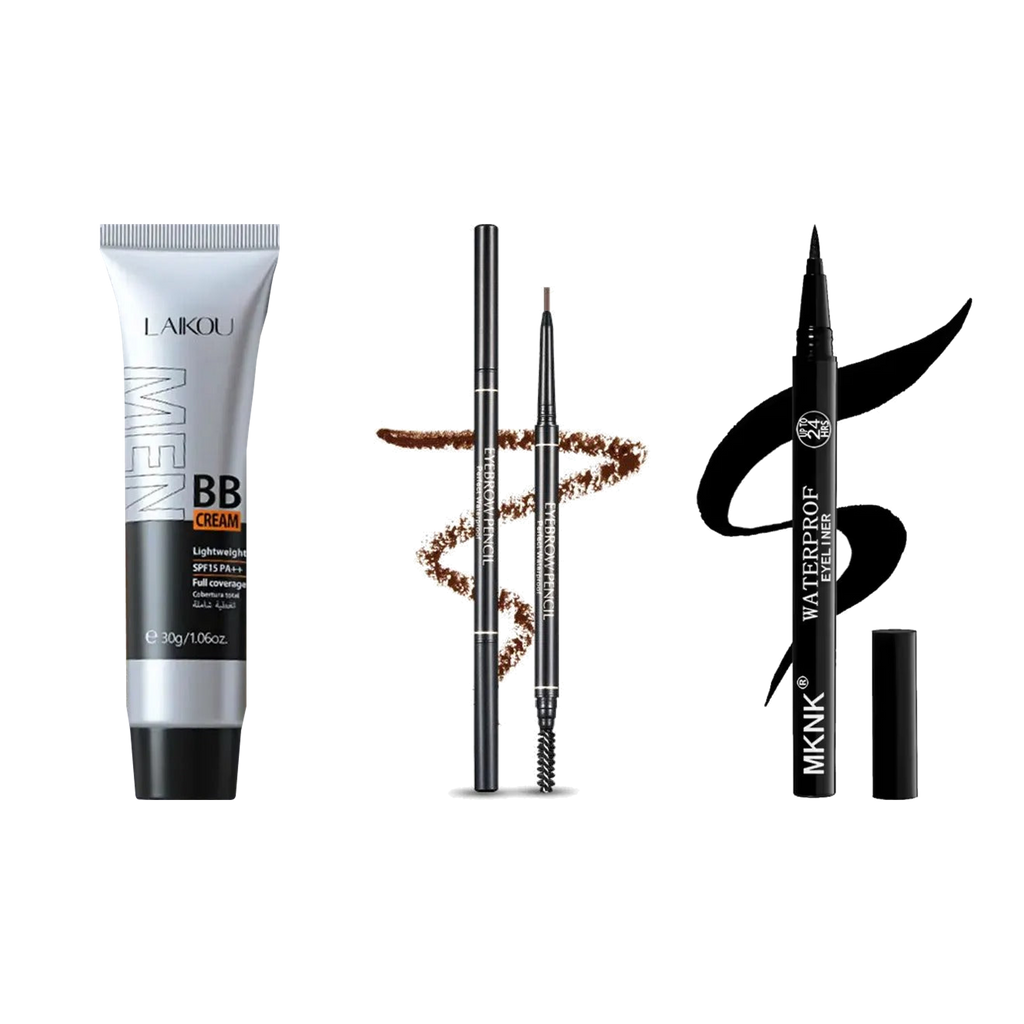 The krux Kit: Men's BB Cream, Brow Pencil and Waterproof Eyeliner side by side