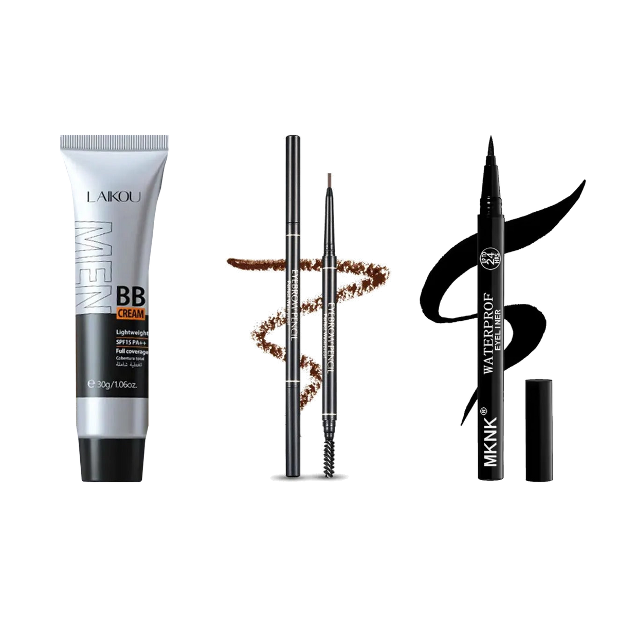 The krux Kit: Men's BB Cream, Brow Pencil and Waterproof Eyeliner side by side
