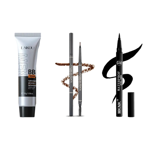The krux Kit: Men's BB Cream, Brow Pencil and Waterproof Eyeliner side by side